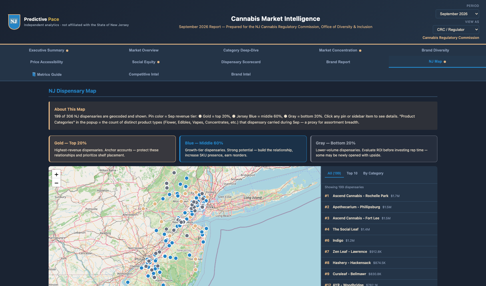 NJ Dispensary Map — interactive map with revenue tier pins